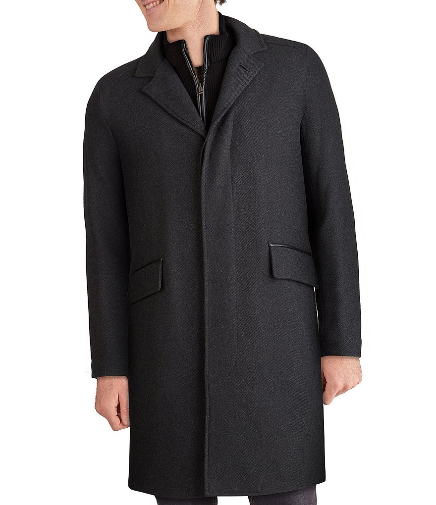 Cole Haan Faux Leather Trim Knit-Bib Wool/Twill Coat