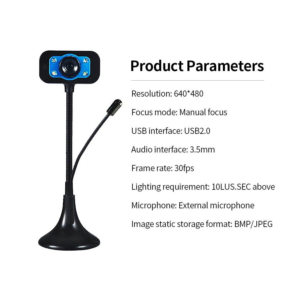 480P USB Webcam Drive-free USB Web Camera with External Microphone Fill Light Lamp Plug and Play for PC Laptop