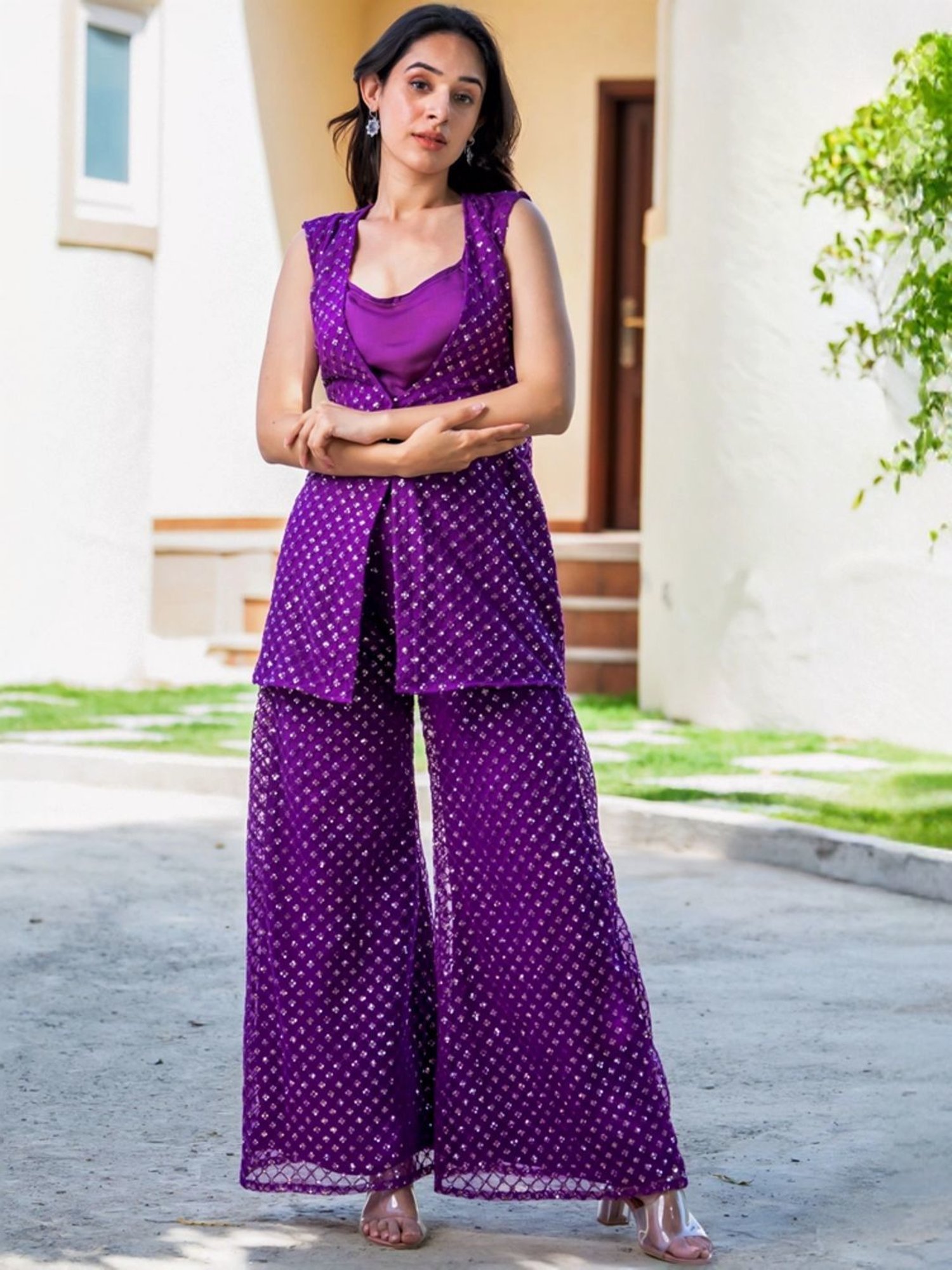 HOUSE OF JAMOTI Purple Embellished Tunic Palazzo Set