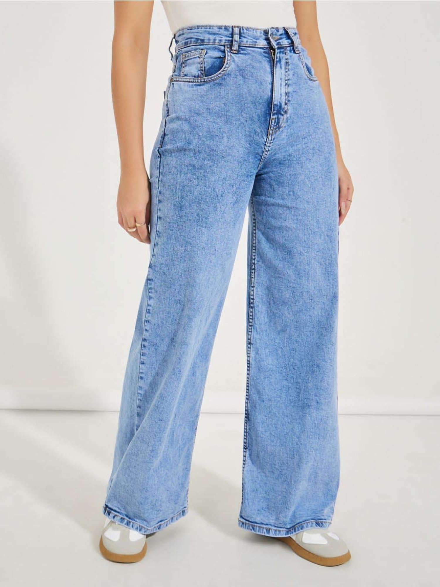 Styli Blue Cotton High Rise Flared Jeans