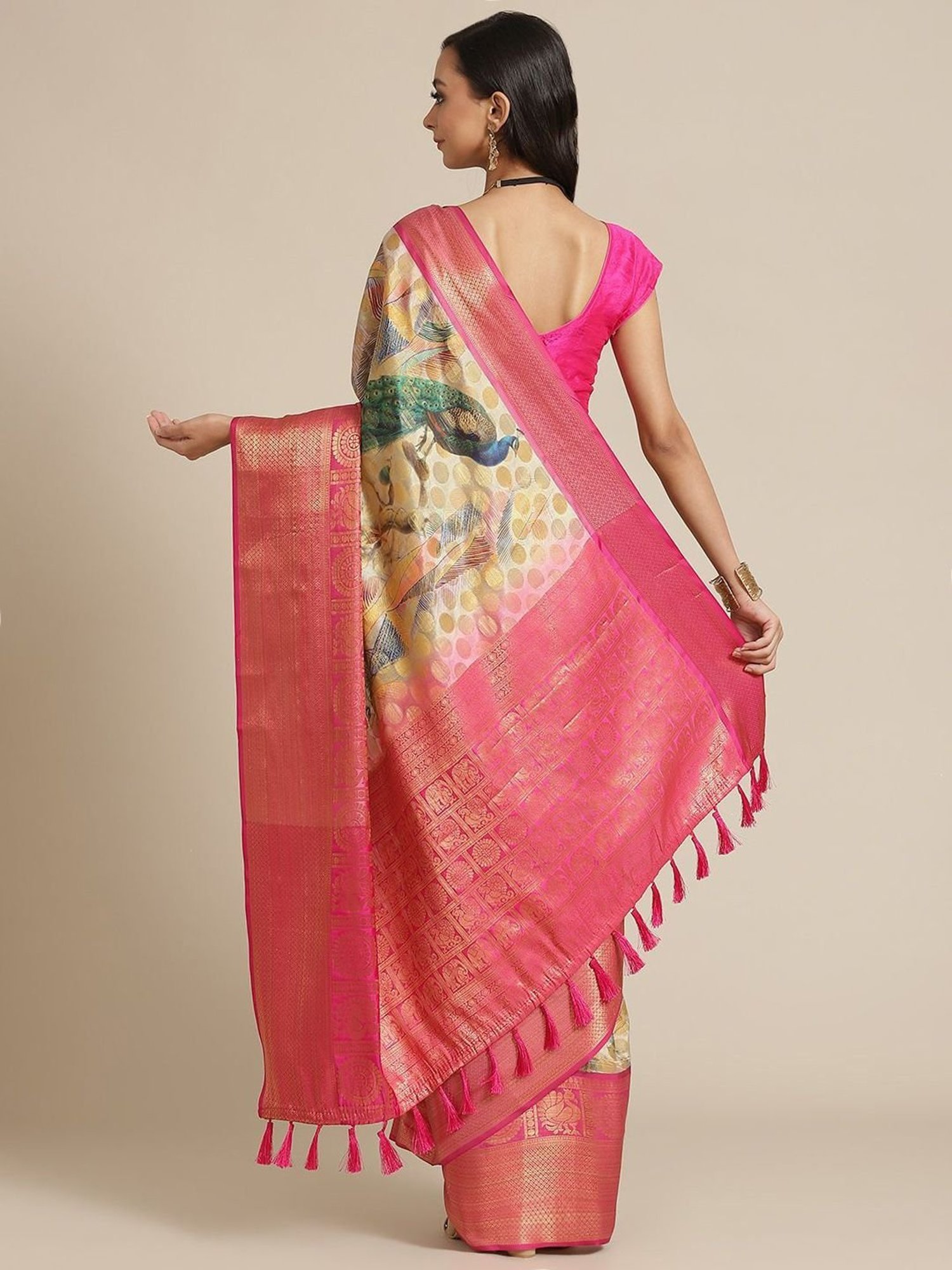 Silk Land Silk Peach & Pink Printed Saree With Unstitched Blouse