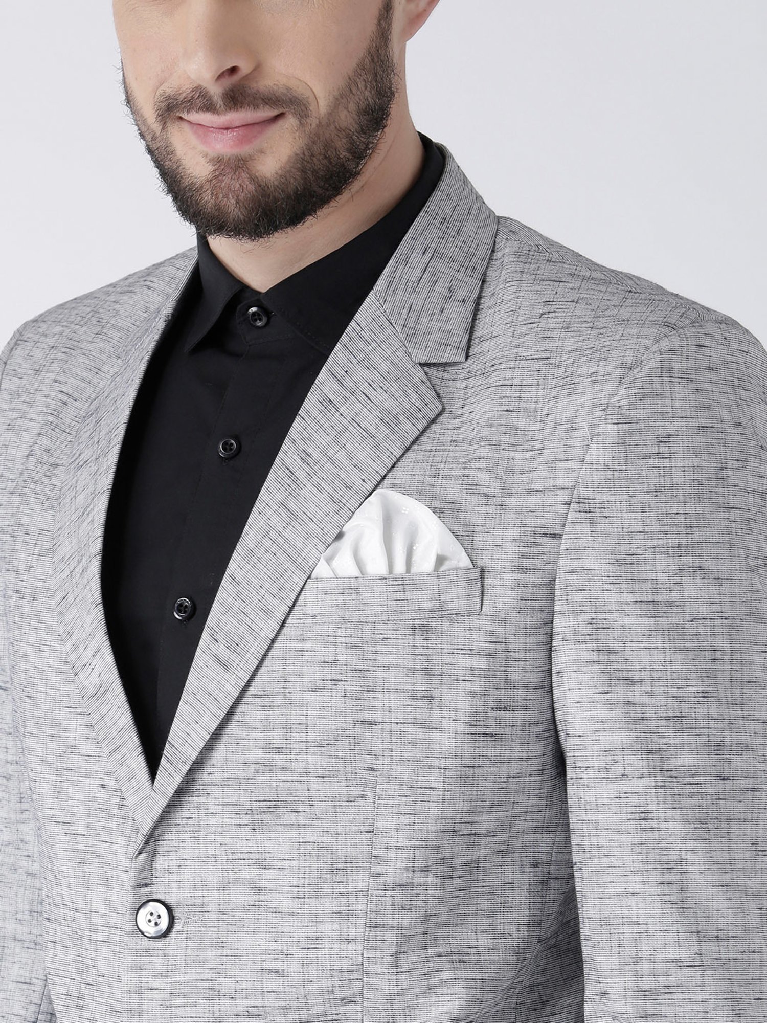 Hangup Plus Grey Melange Regular Fit Notch Lapel Linen Blazer