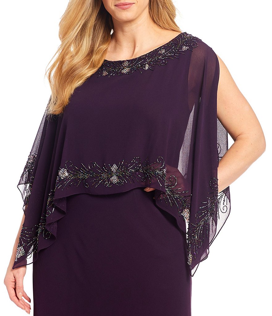 Jkara Plus Size Beaded Pop Over Bateau Neck 3/4 Capelet Sleeve Capelet Gown
