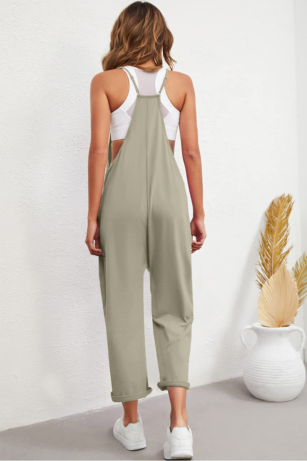 Rose Tan Solid Self Tied Straps Pleated Wide Leg Jumpsuit