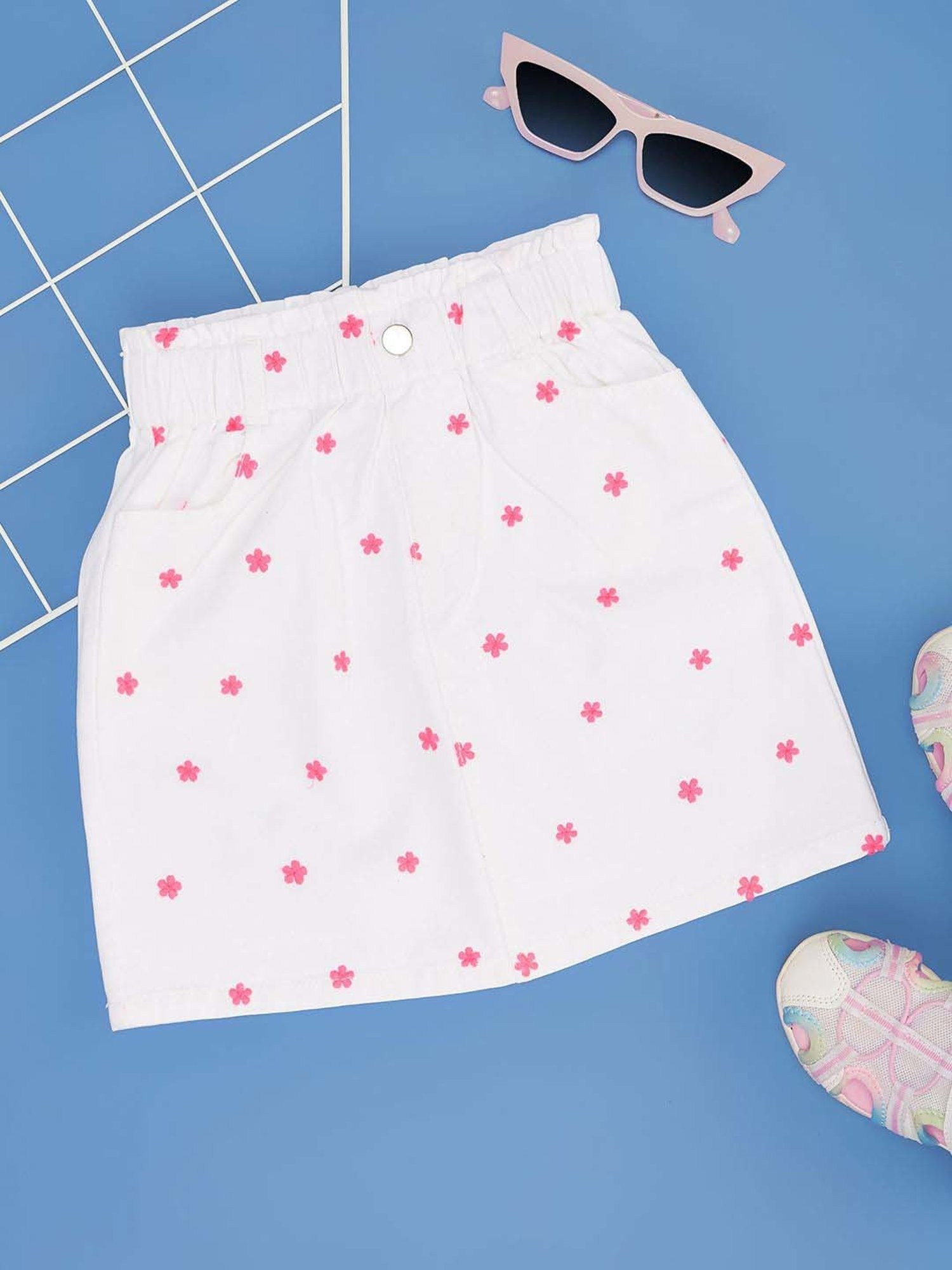 Pantaloons Junior Girls Pink & White Cotton Floral Skirts