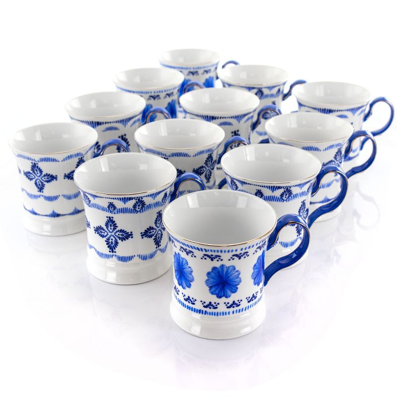 Meritage Navy 12 Piece 13.2 Ounce Fine Ceramic Cup Set in White with 4 Assorted Designs