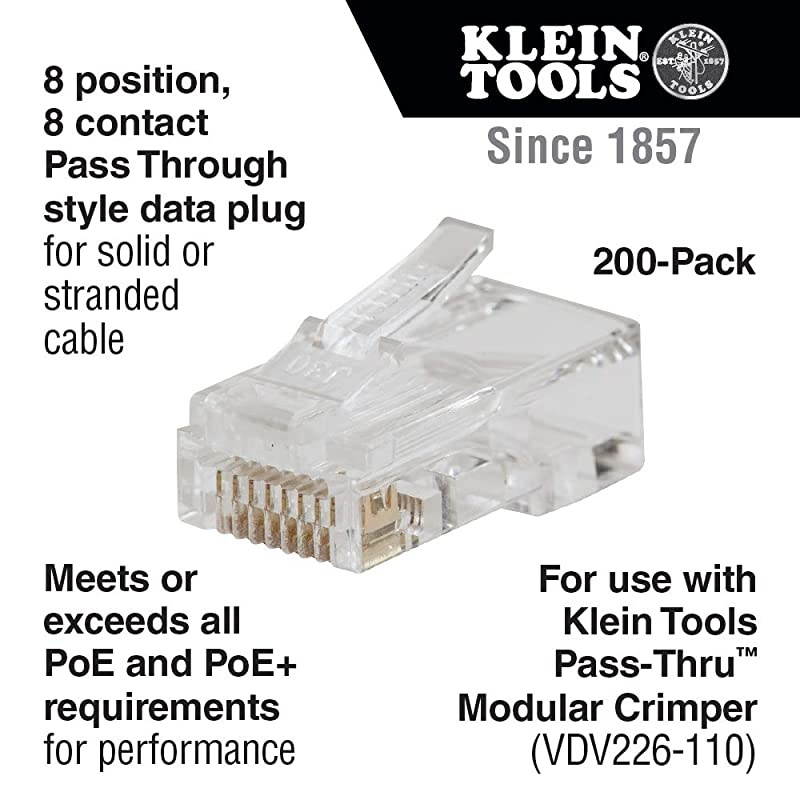 VDV826-763 Modular Connectors, Pass-Thru Modular Data Plugs for RJ45 and CAT6, Pass Through Connectors 200-Pack