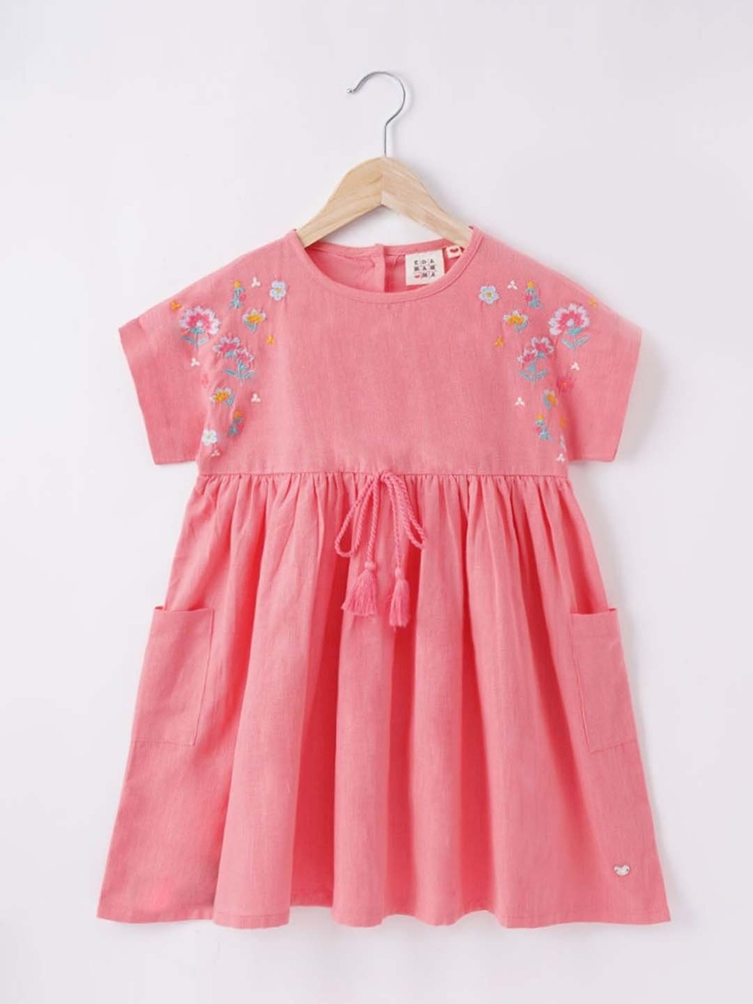 Ed-a-Mamma Kids Pink Cotton Embroidered Dress