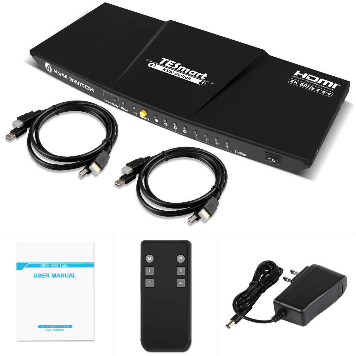 TESmart Newest HDMI KVM Switch 4 Port 4K@60Hz Ultra HD 4x1 HDMI KVM Switcher with 2 Pcs 5ft KVM Cables Supports Mechanical and Multimedia Keyboard &Mouse USB 2.0 Devices Control up to 2 Computers/Serv