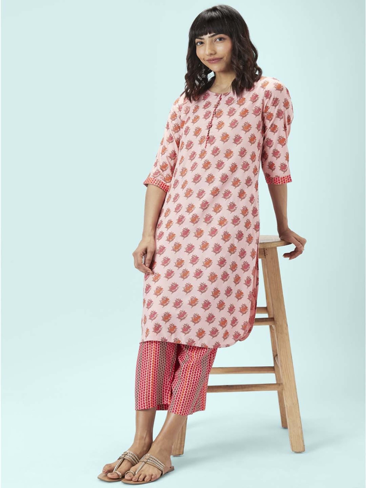 Rangmanch by Pantaloons White & Pink Floral Print Kurta Palazzo Set