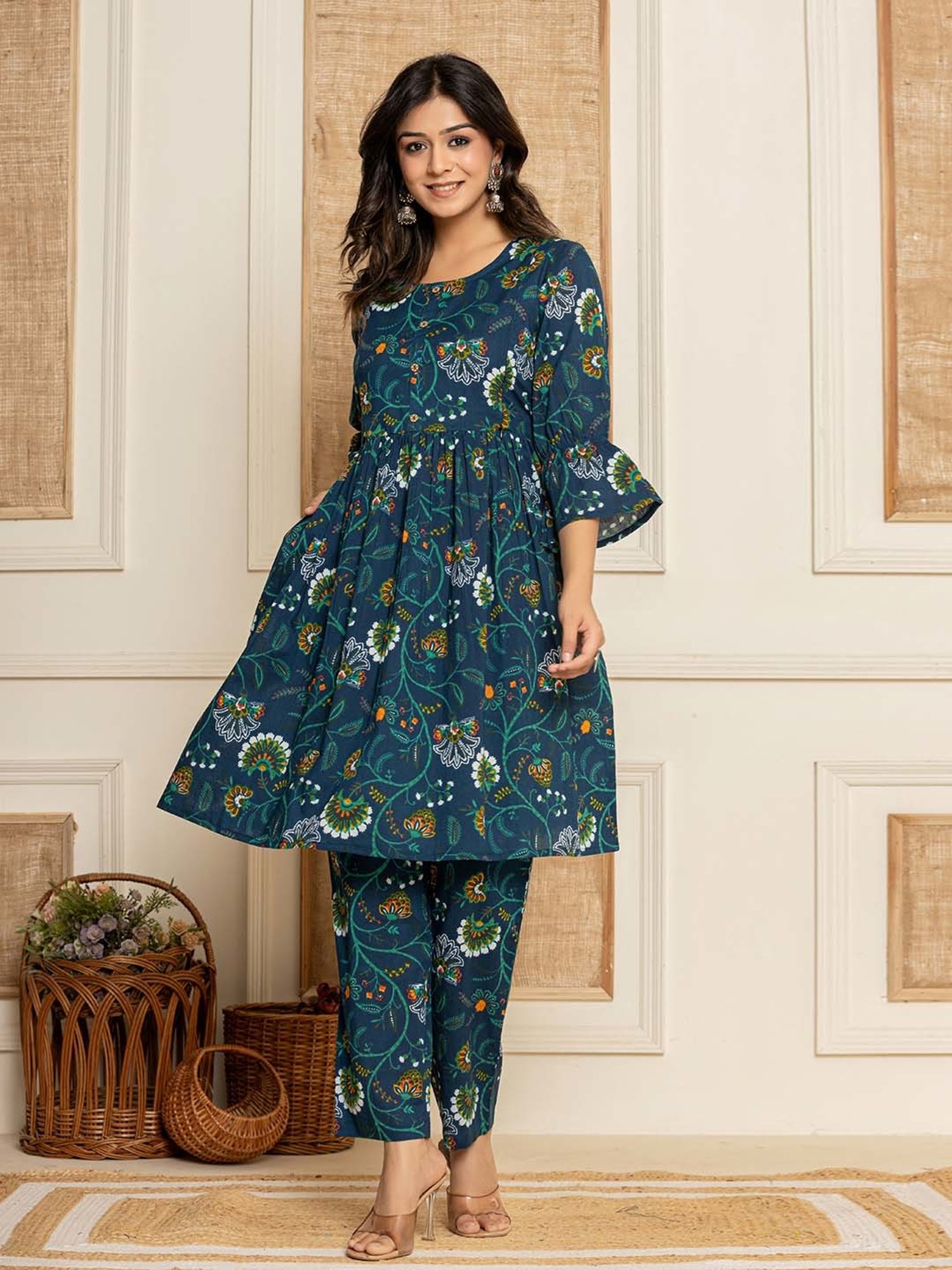 Yufta Blue Cotton Printed Kurti Pant Set