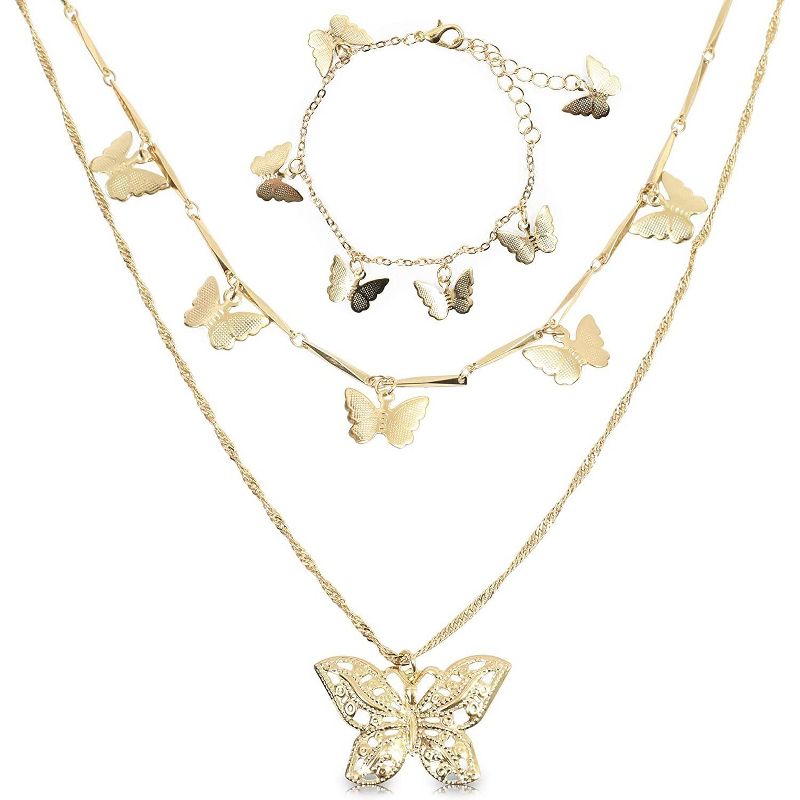 Glamlily 2 Piece Gold Butterfly Layered Necklace and Bracelet Jewelry Set for Women