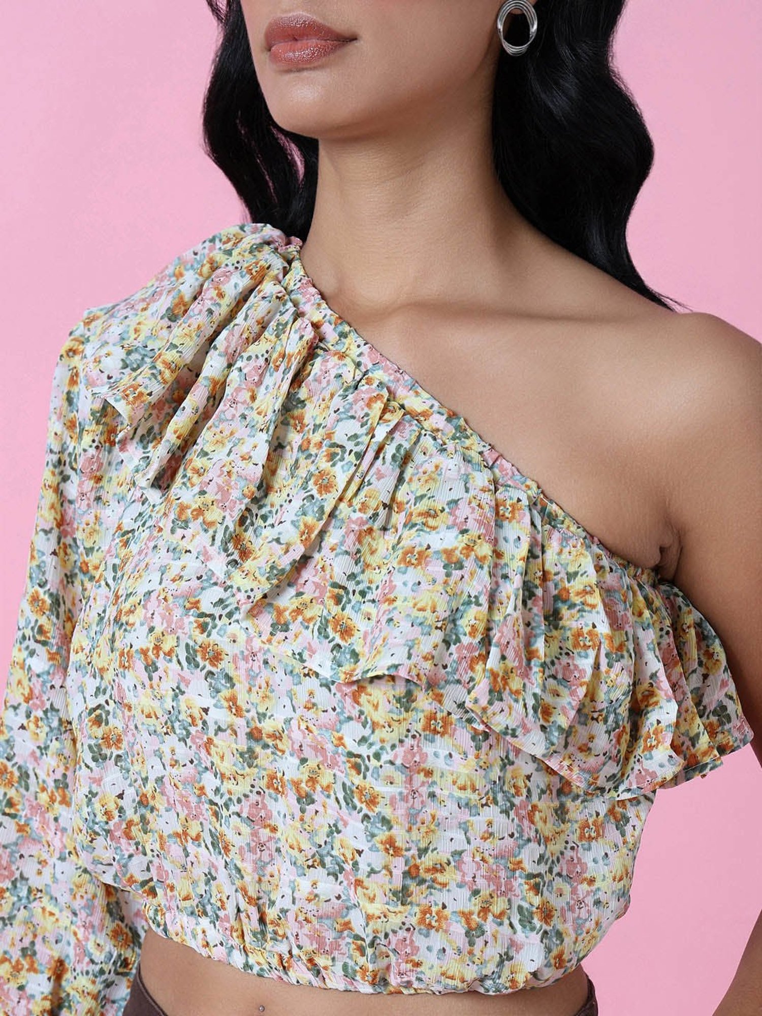 SHOWOFF Yellow Printed Crop Top