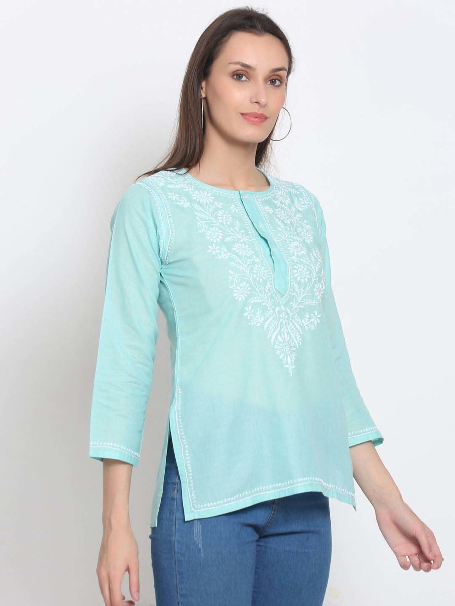 PARAMOUNT CHIKAN Mint Green Cotton Chikankari Straight Kurti