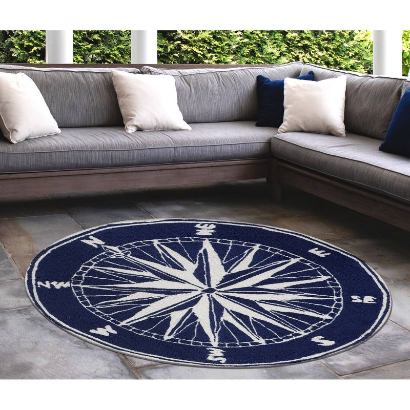 Frontporch Indoor/Outdoor Compass Navy 3' Round Rug Navy - Liora Manne