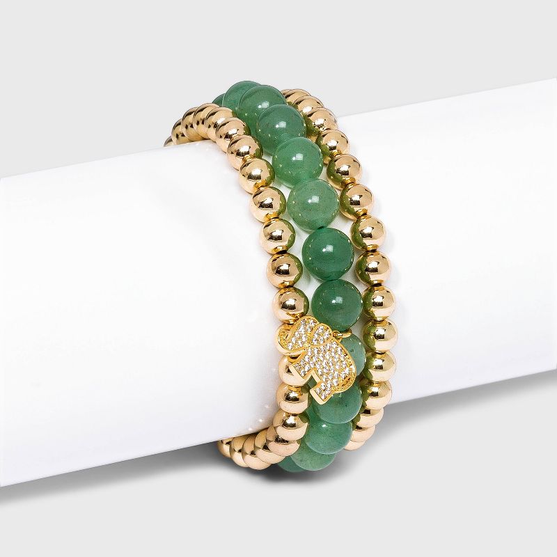 Beloved + Inspired Gold Green Aventurine with Elephant Charm Trio Stretch Bead Bracelet Set - Green