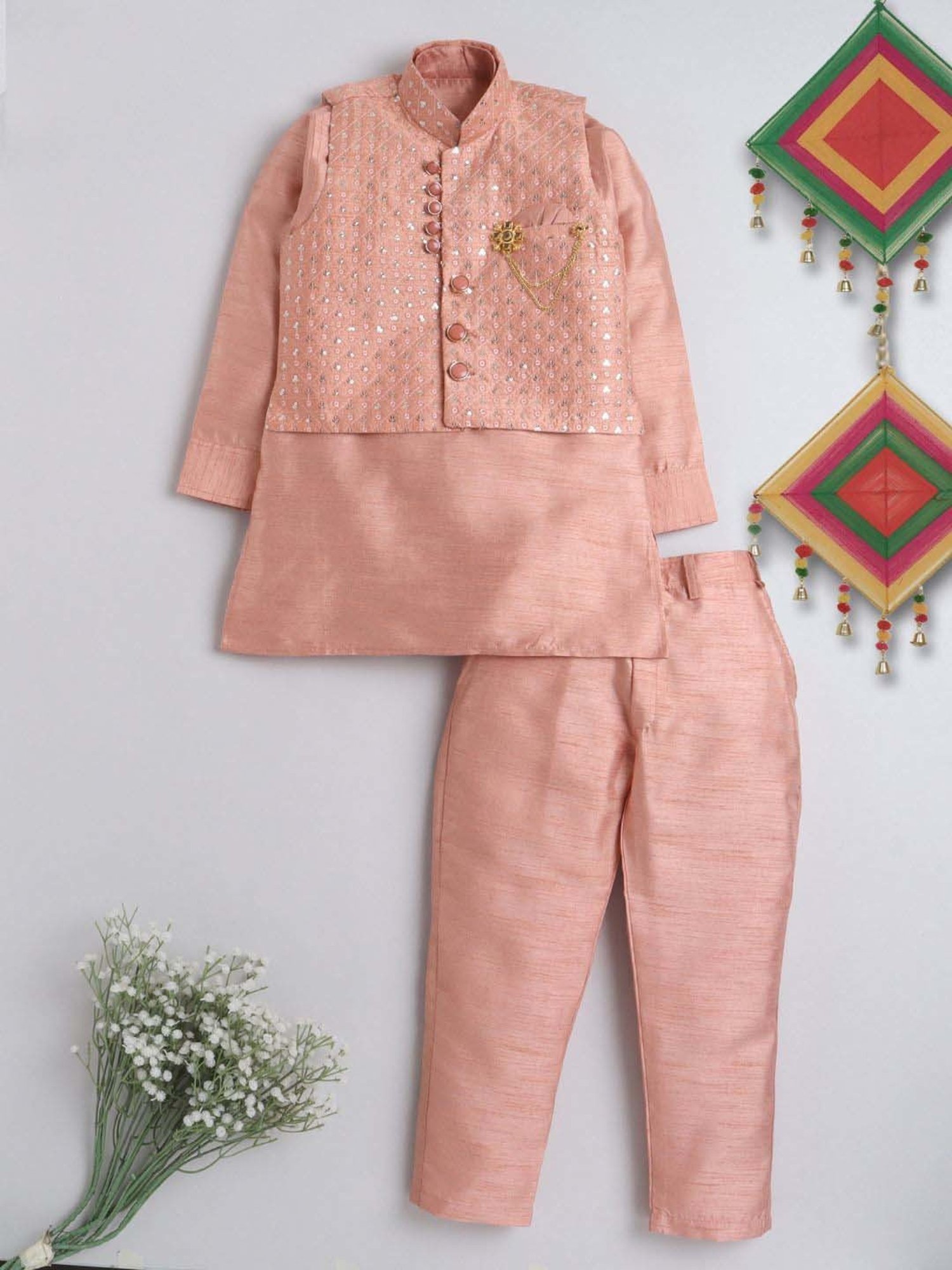 Ahhaaaa Kids Peach Embellished Full Sleeves Kurta Set