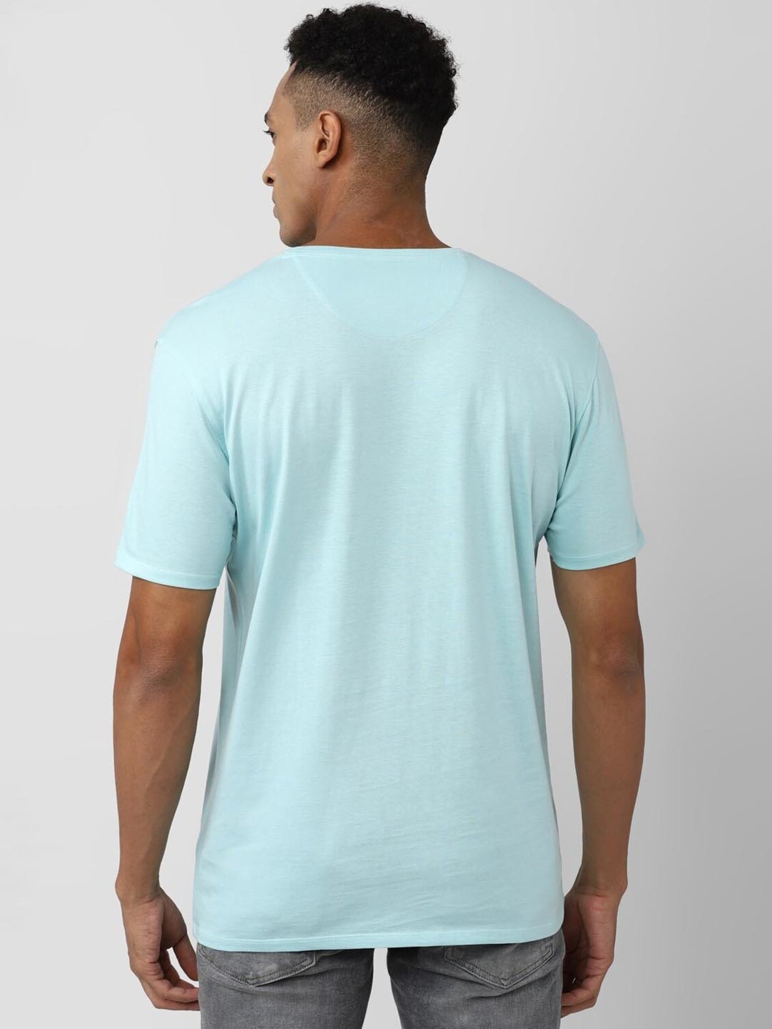 V Dot Blue Cotton Slim Fit Printed T-Shirt