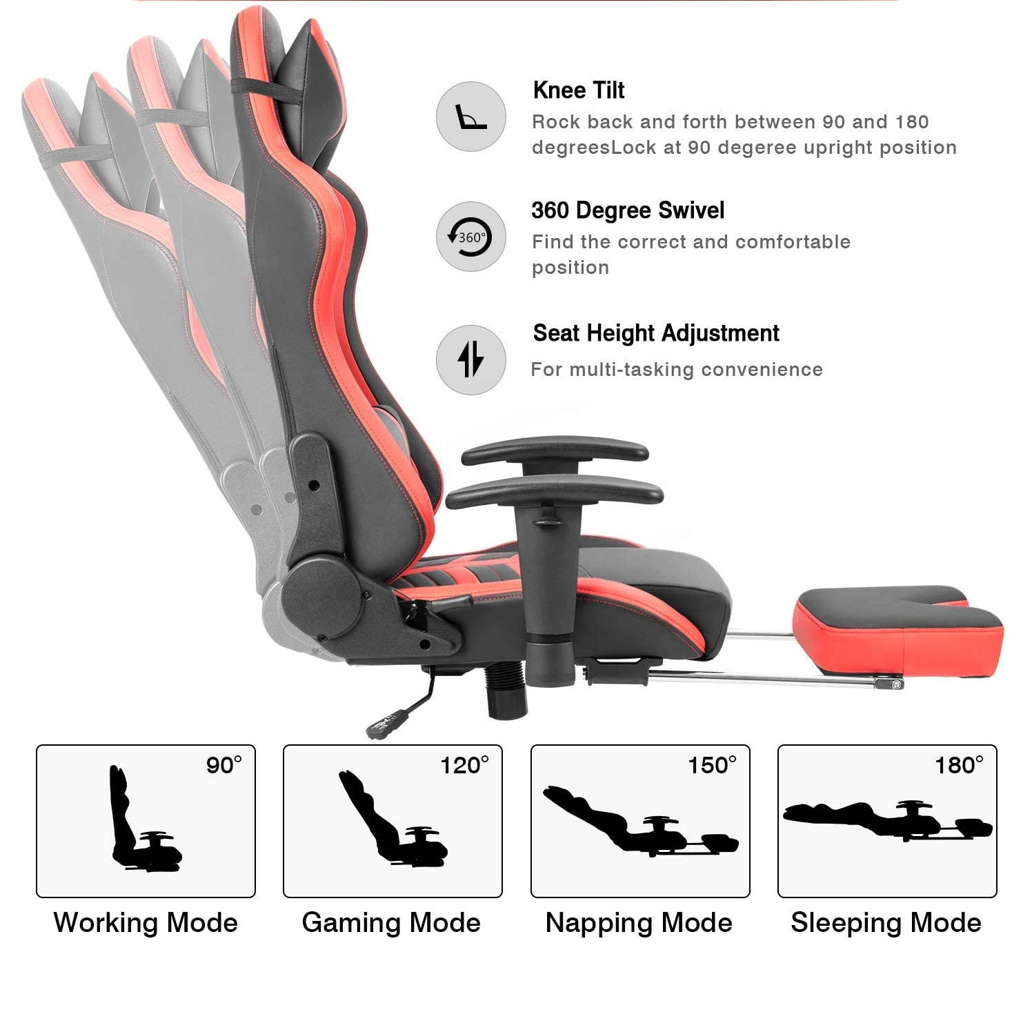 Devoko Ergonomic High-Back Racing Gaming Chair with Leather Bucket Seat, Headrest, Footrest and Lumbar Support (Black/Red)