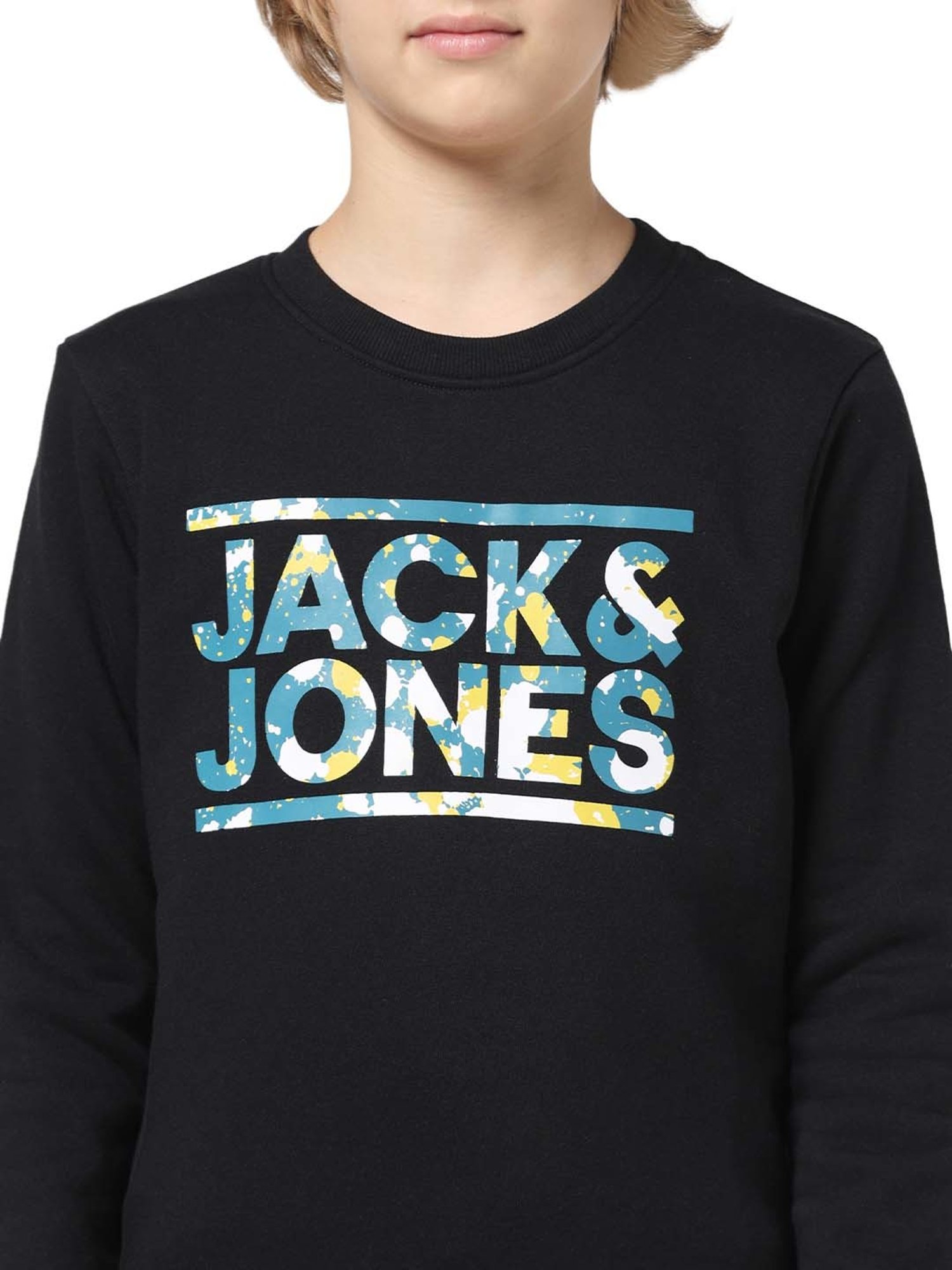 Jack & Jones Junior Jet Black Printed Full Sleeves Sweatshirt