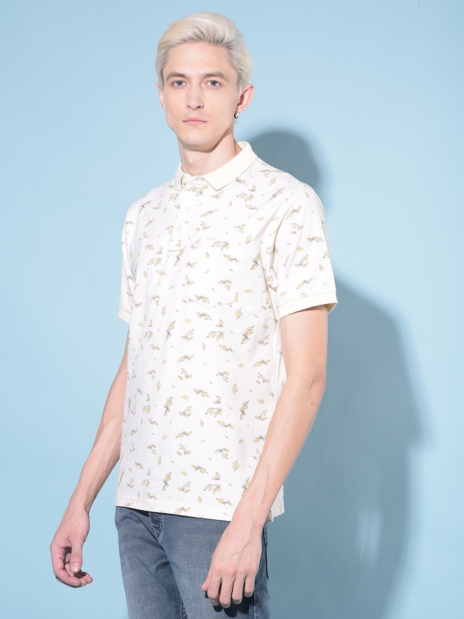 Crimsoune Club Beige Cotton Slim Fit Printed Polo T-Shirt