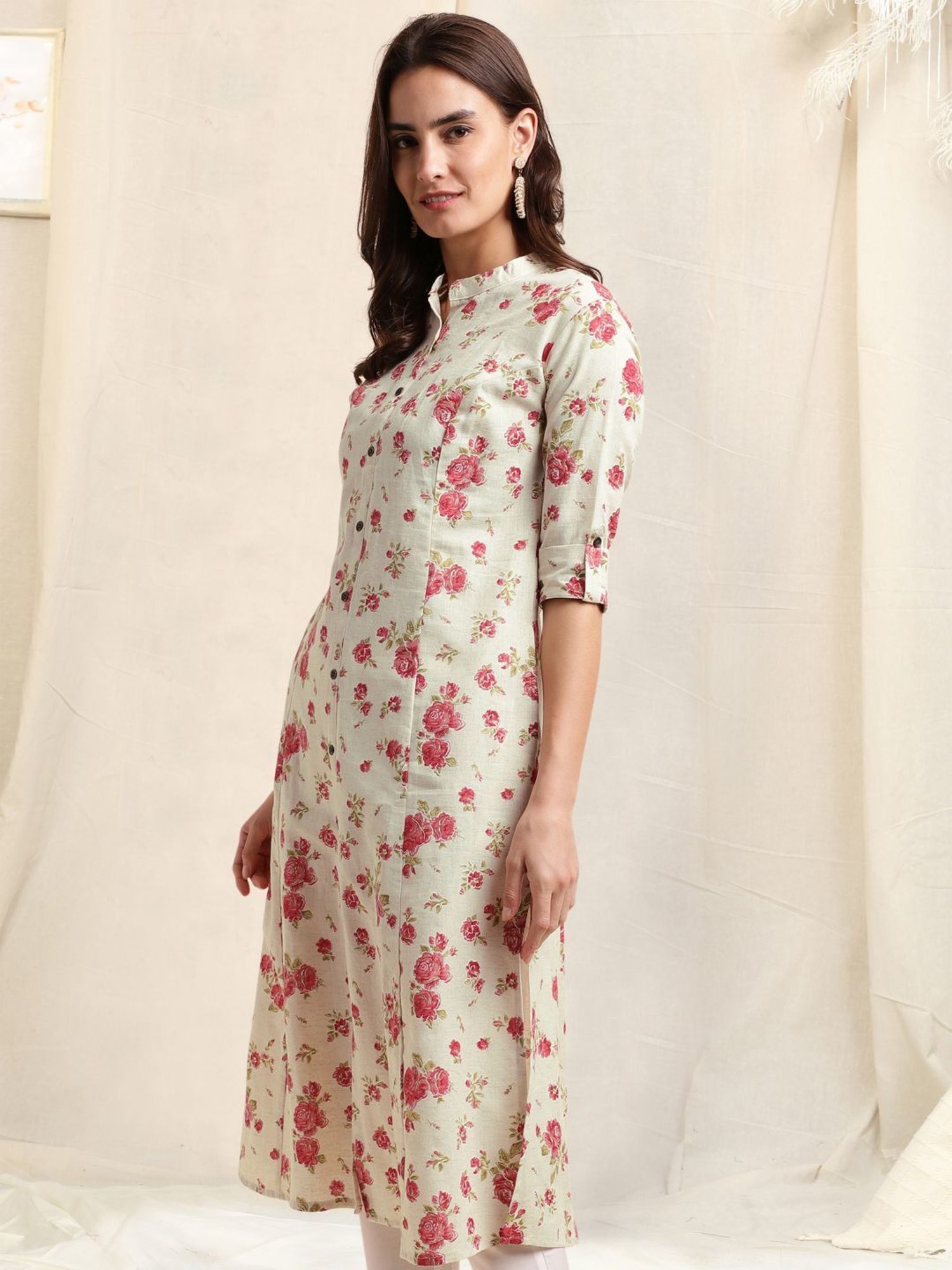 MIRCHI FASHION Beige Cotton Floral Print Straight Kurta