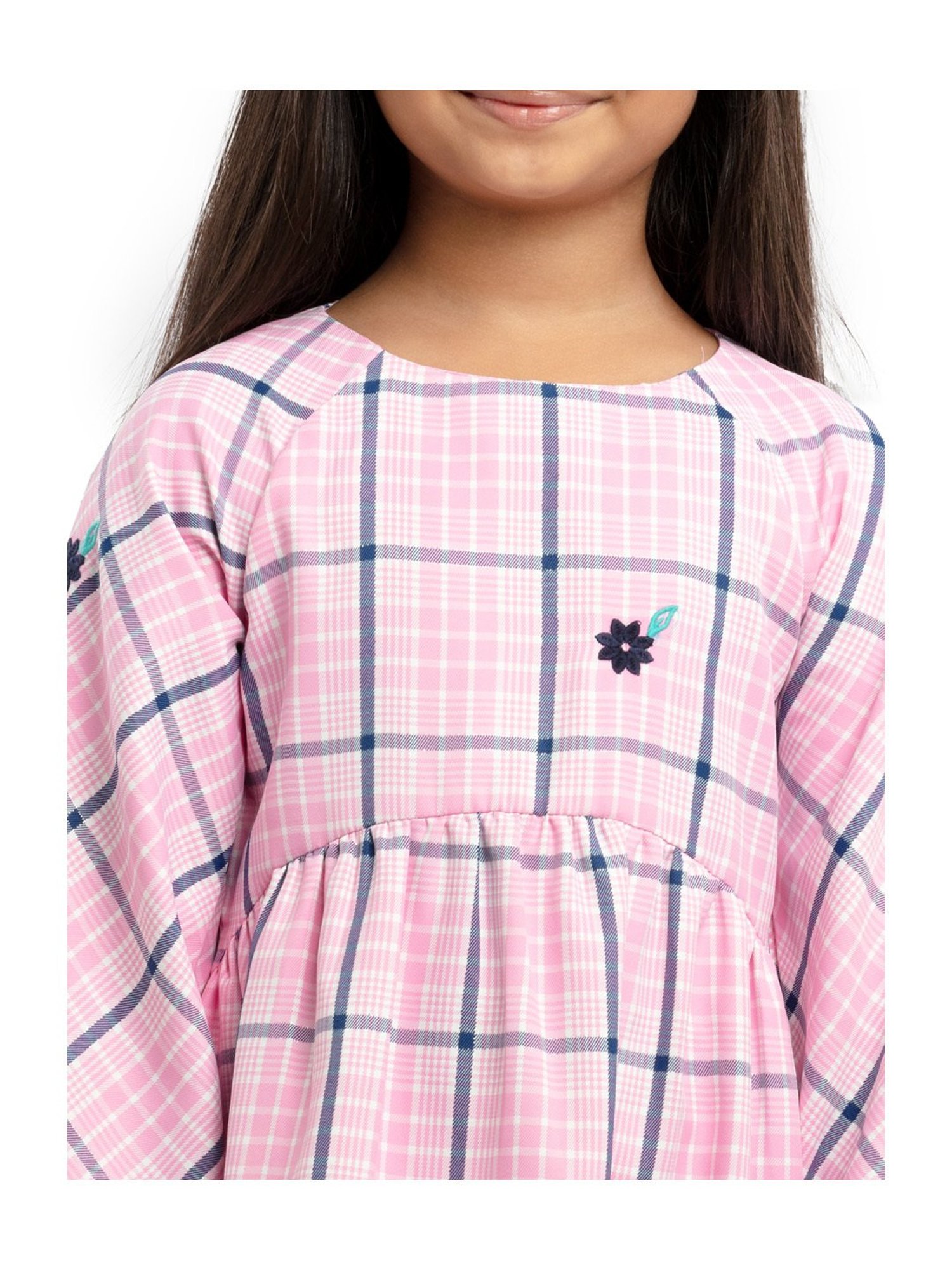 Under Fourteen Only Kids Pink Cotton Chequered Full Sleeves Dress