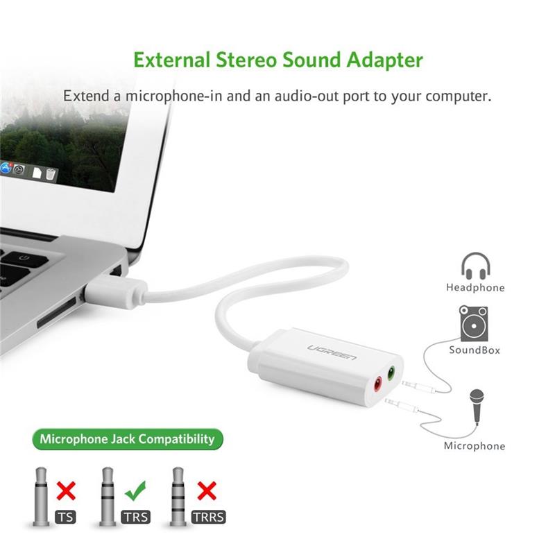 UGREEN USB Audio Adapter External Stereo Sound Card with 3.5mm Headphone and Microphone Jack for Windows Mac Linux PC Laptops Desktops PS5 White