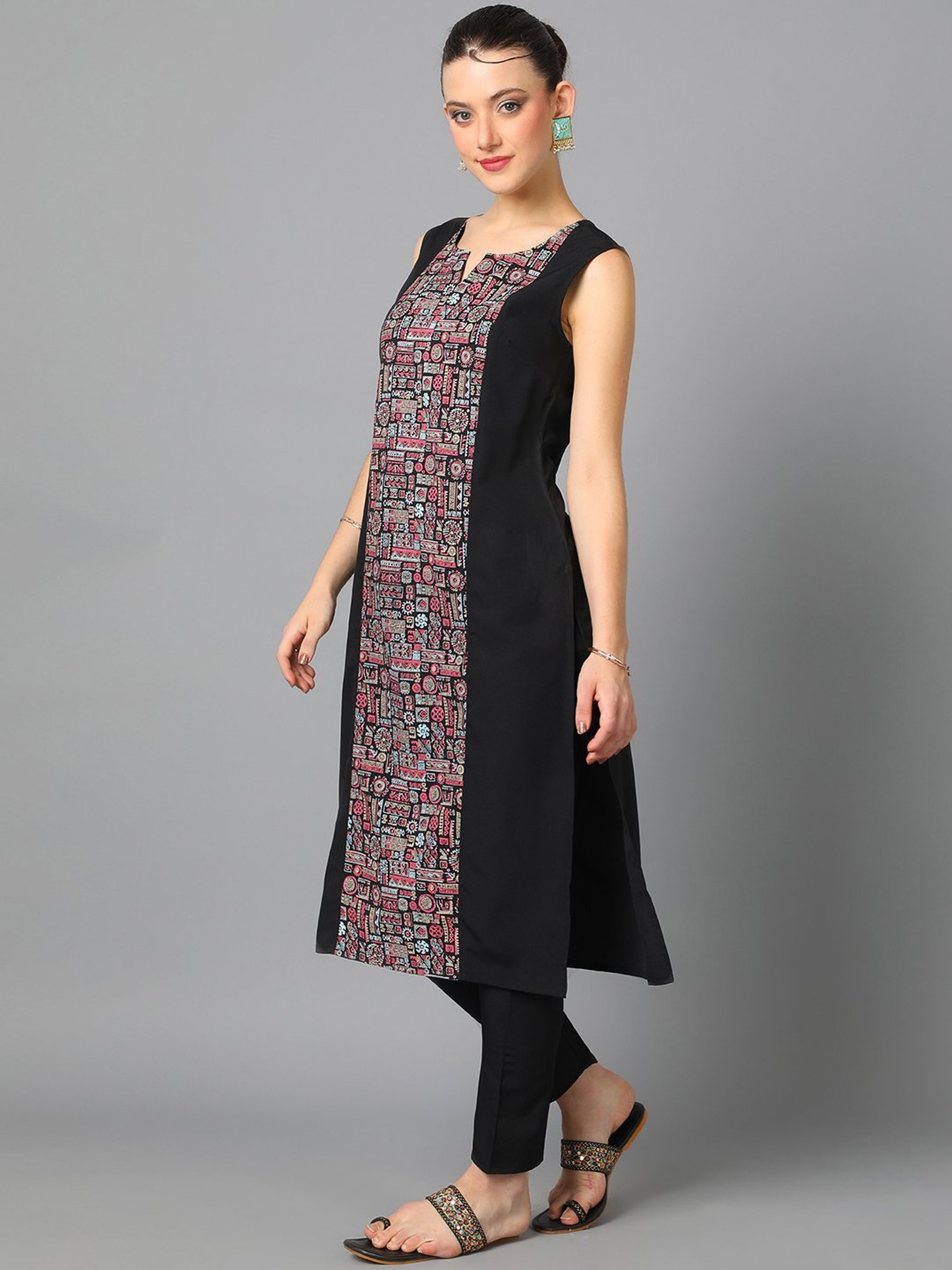 Ziyaa Black Geometric Print Kurta Pant Set