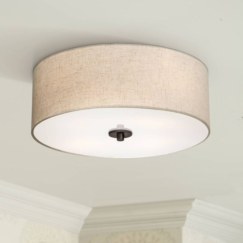 Regency Hill Modern Ceiling Light Flush Mount Fixture Bronze 18" Wide Off White Oatmeal Fabric Drum Shade Bedroom Kitchen Hallway