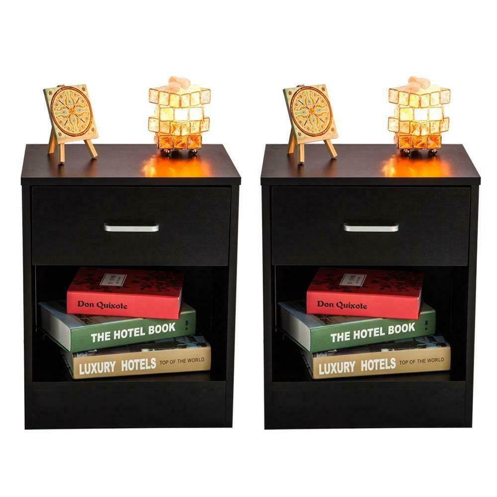 Bedroom Bedside Furniture Nightstand Set of 2 End Table Shelf Drawer Black