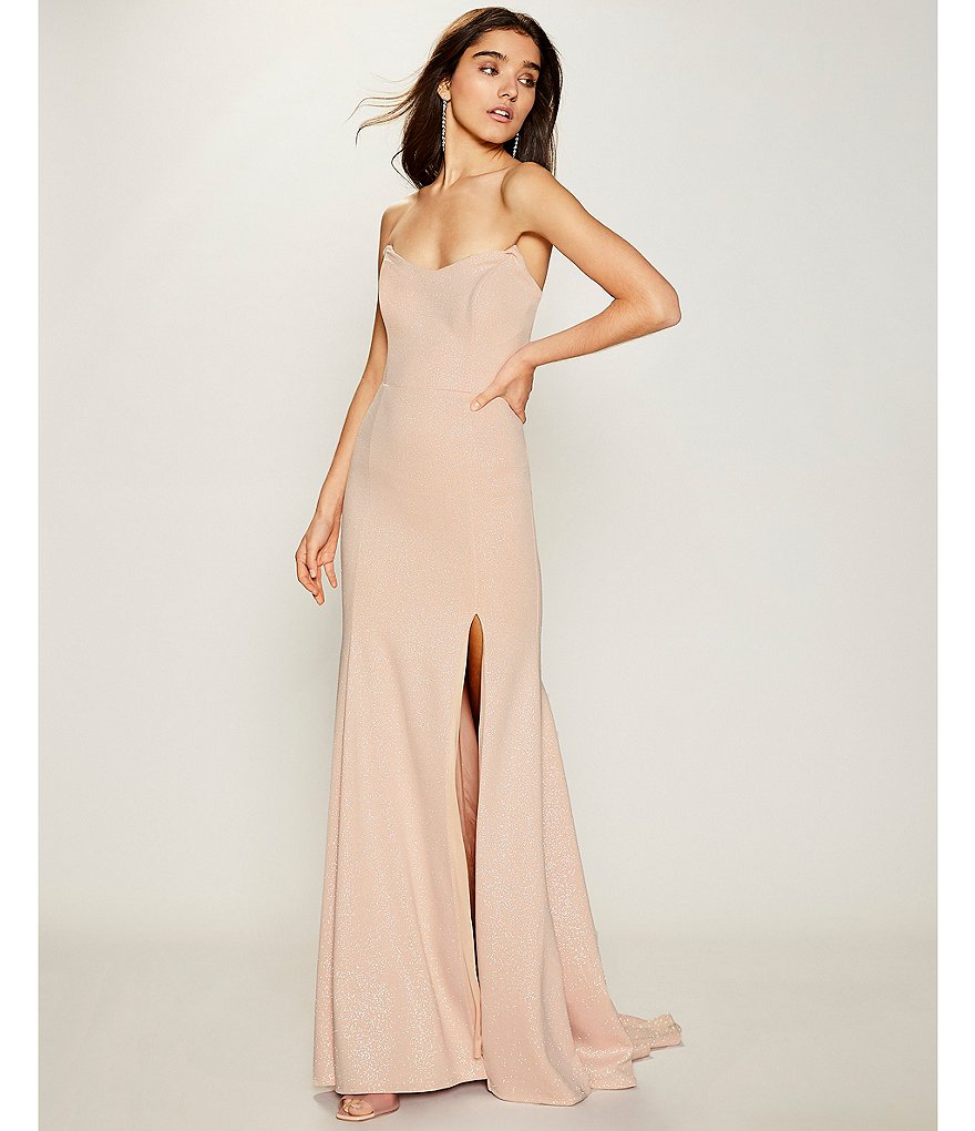 Jump Strapless Lace-Up Back Side Slit Glitter Scuba Slim Long Dress