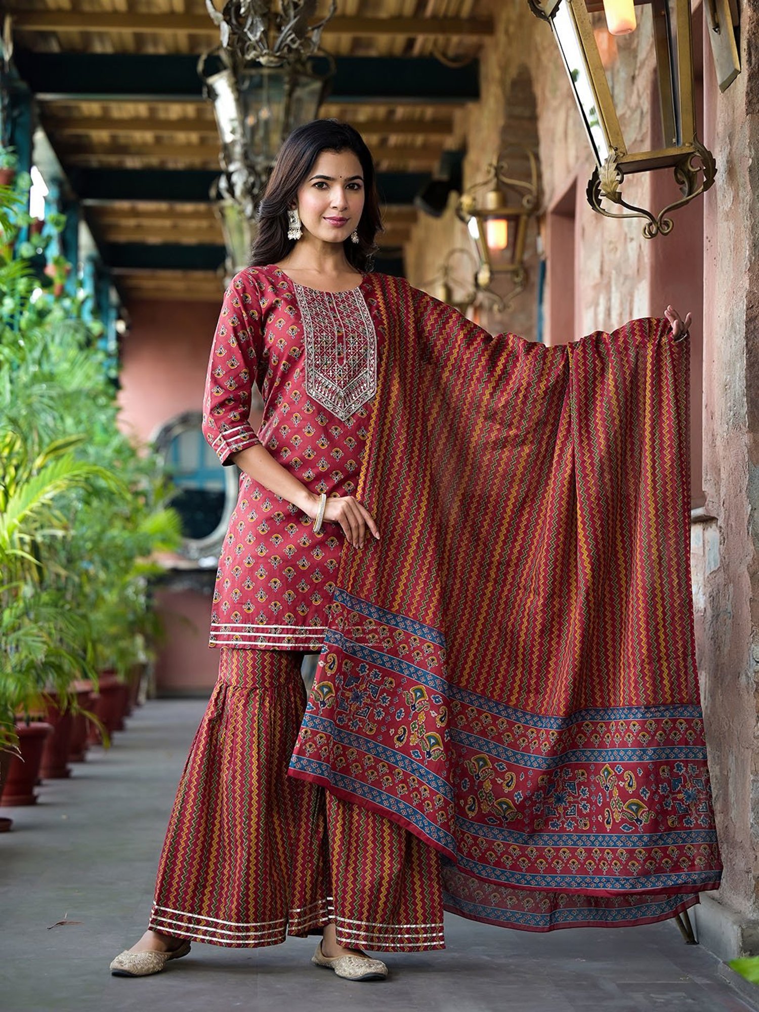 Yufta Rust Embroidered Kurta With Sharara & Dupatta