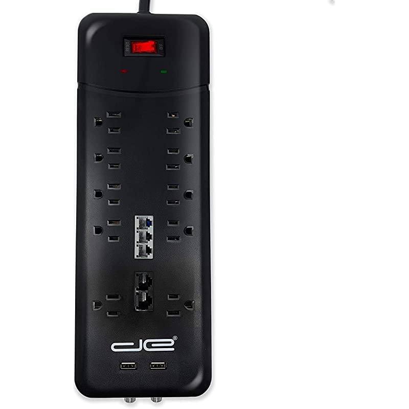 25FT Heavy Duty 10Outlet 3500 Joules Surge Protector Power Strip 25 Foot Long Extension Cord Two USB Charging Ports Coaxial Phone Protection ETL Listed 15 AMP Black