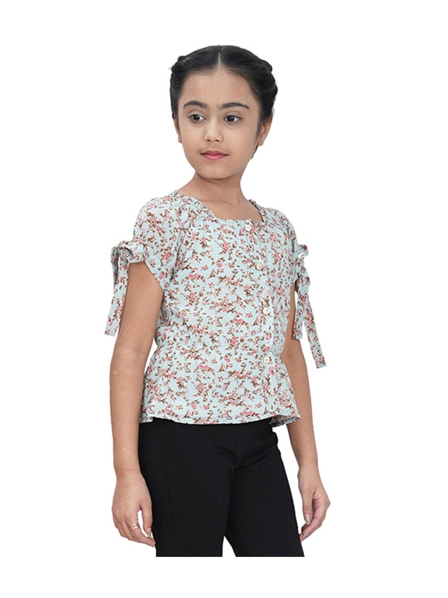 Tiny Girl Kids Aqua Blue & Pink Floral Print Top