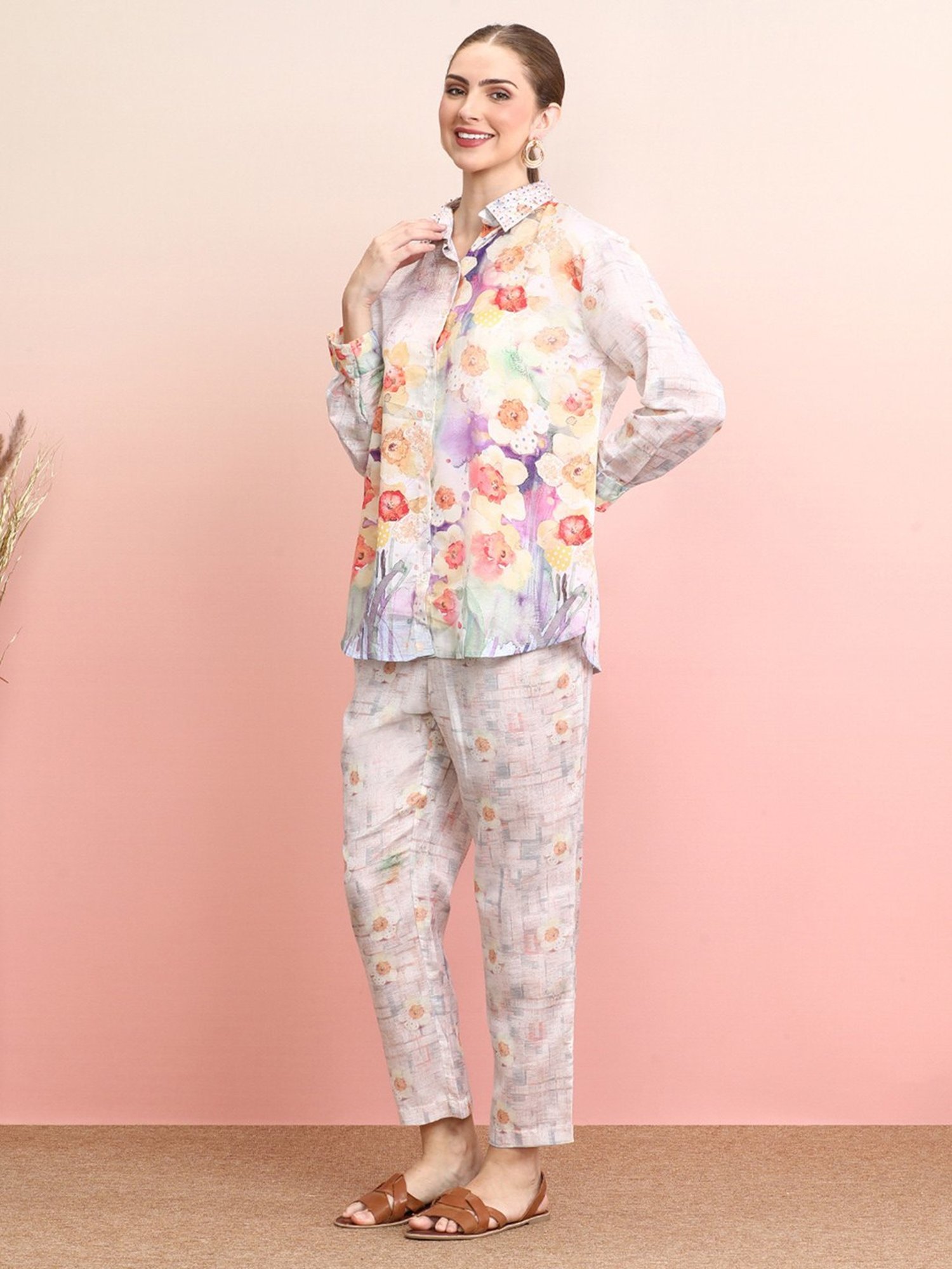 Indo Era White Floral Print Shirt Pant Set