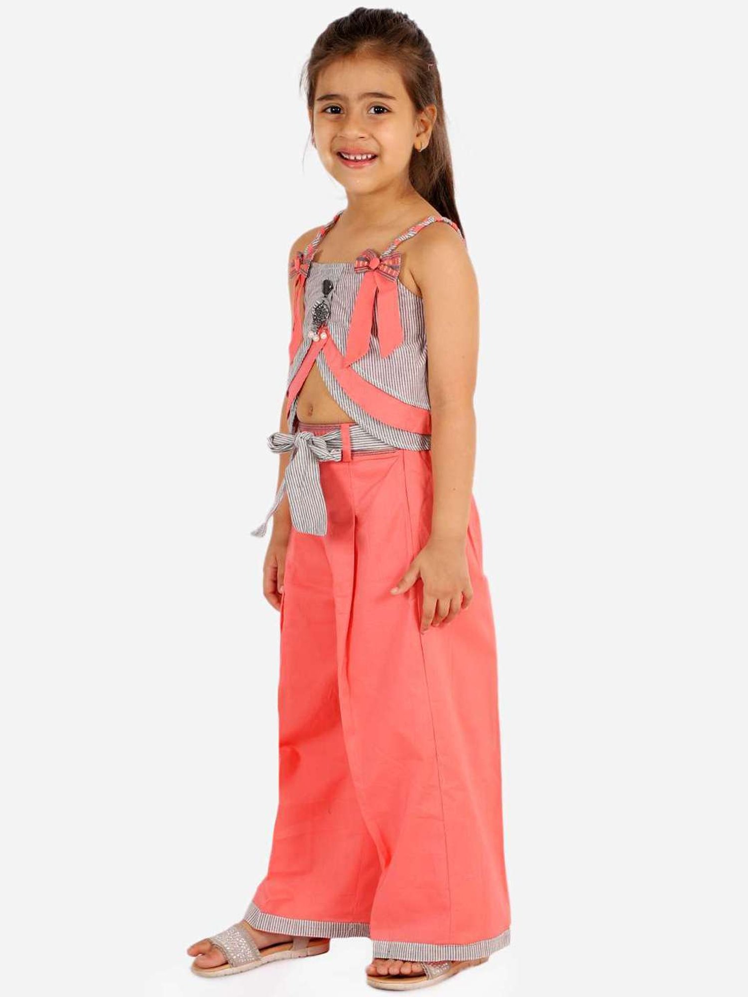 TWISHA Kids Pink & Grey Striped Top Set