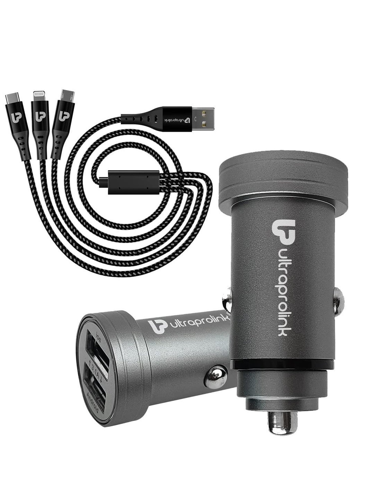 Ultraprolink UM1109 Zip Kit, 15W Higher Power Car Charger with 3 in 1 Charging Cable (Black)