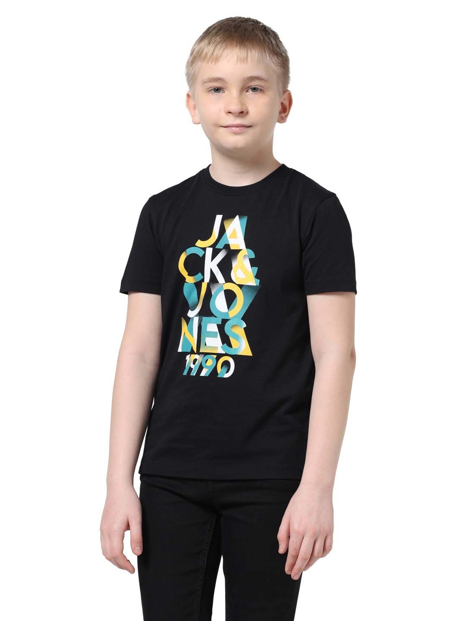Jack & Jones Junior Boys Jet Black Cotton Printed T-Shirt