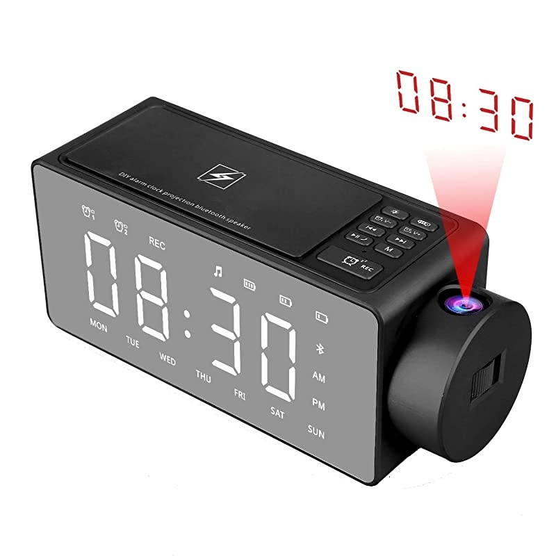 Projection Alarm Clock Bluetooth Speaker with Wireless Charging DIY RingtoneOneClick SnoozeBluetooth Call SpeakerFM Radio AUX TF Card Input ColorBlack