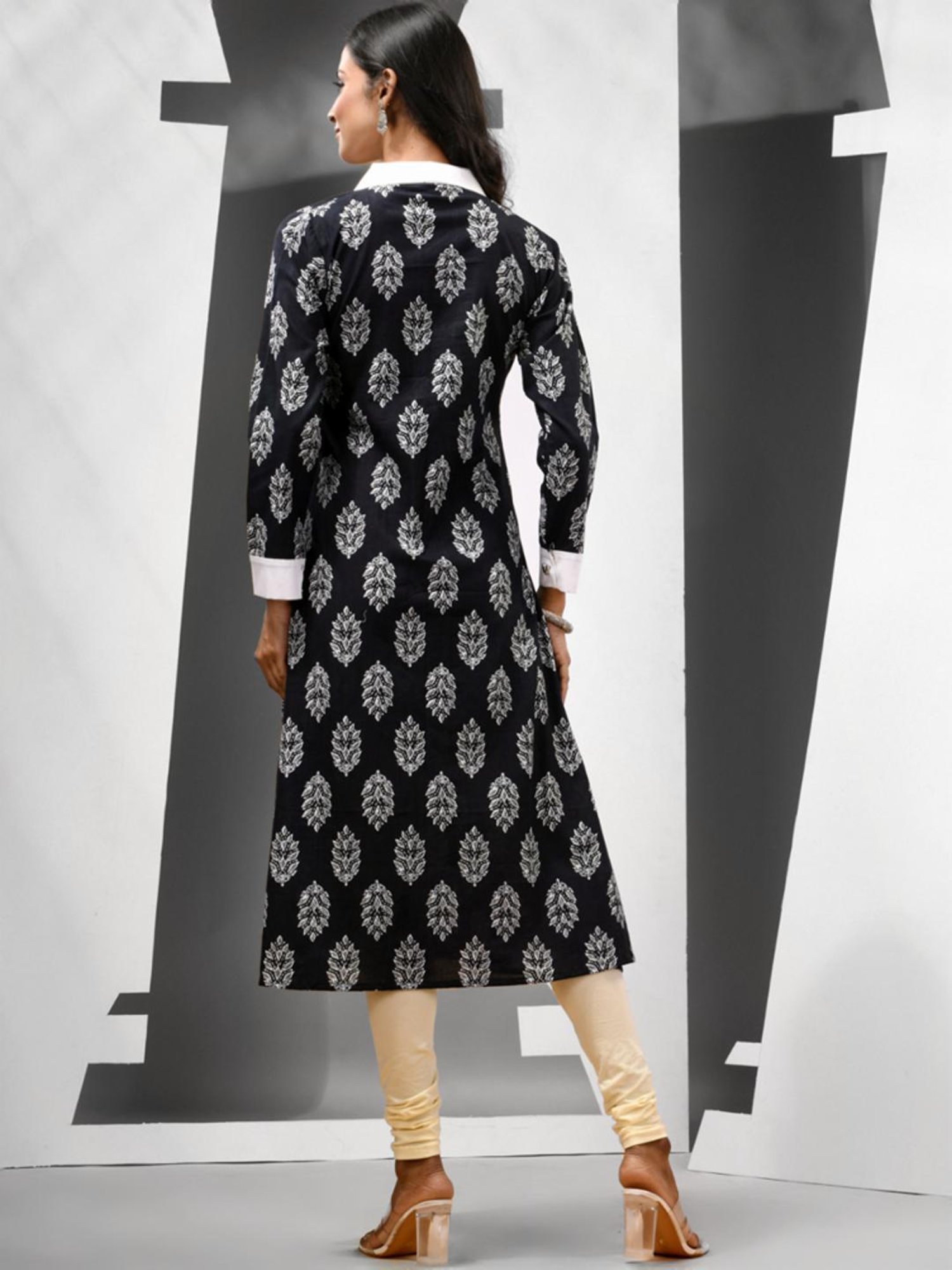 CHARUKRITI Black Cotton Printed A Line Kurta