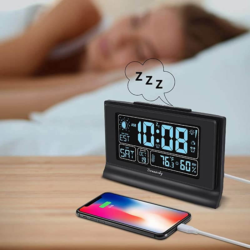 Auto Set Alarm Clock with USB Charging Ports 6quot Large Display with Indoor Temperature amp Humidity DateDay amp Moon Phase Brightness Dimmer Auto DST Backup Battery