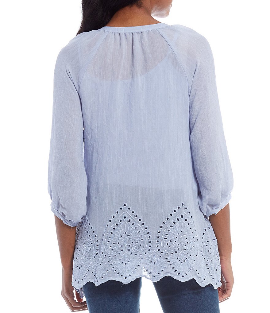 Figueroa & Flower Petite Size Diana 3/4 Sleeve Eyelet Hem Button Front Top