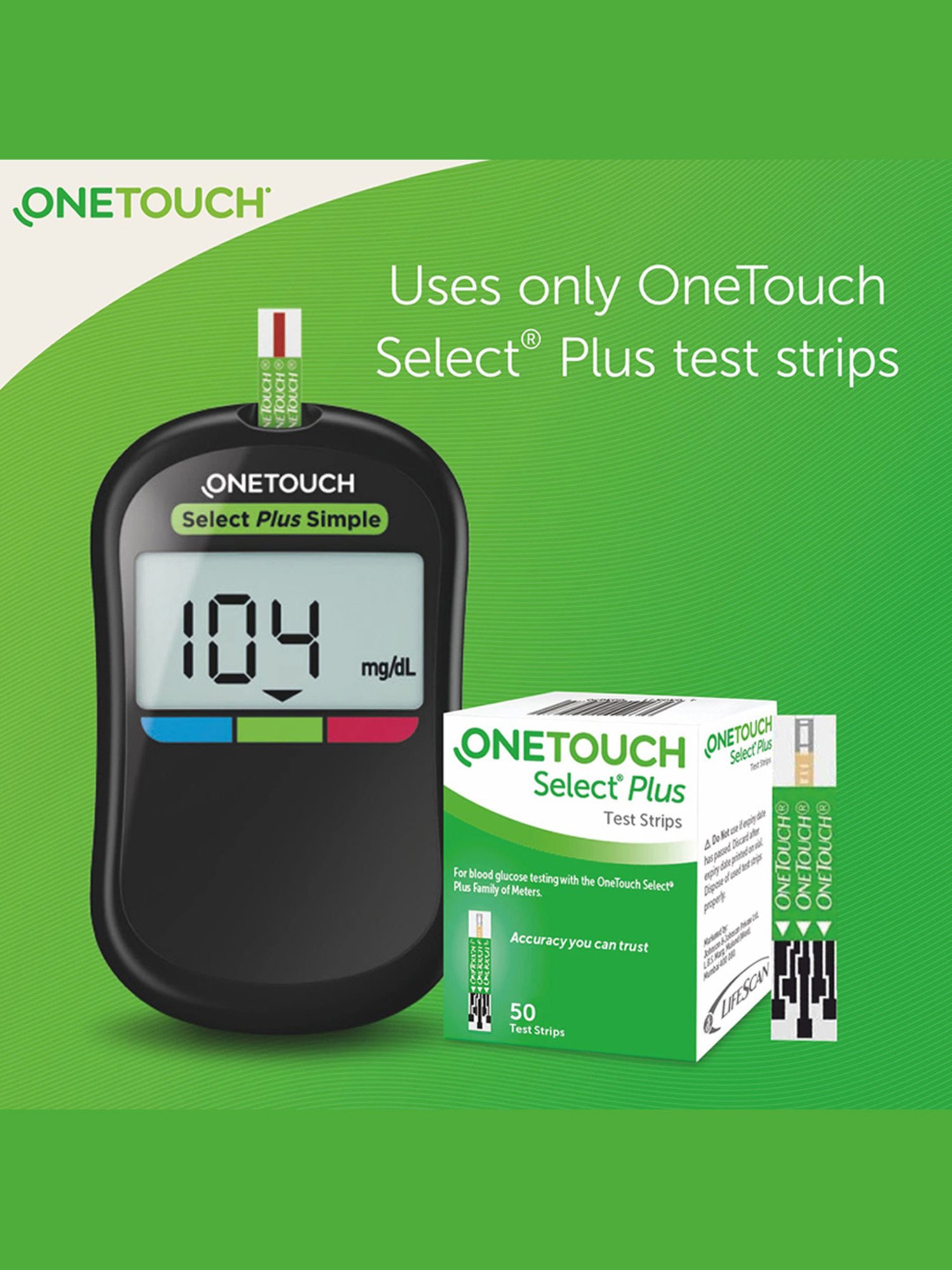 OneTouch Select Plus Test Strips | 2 Packs of 50 Strips each (total 100 Strips)