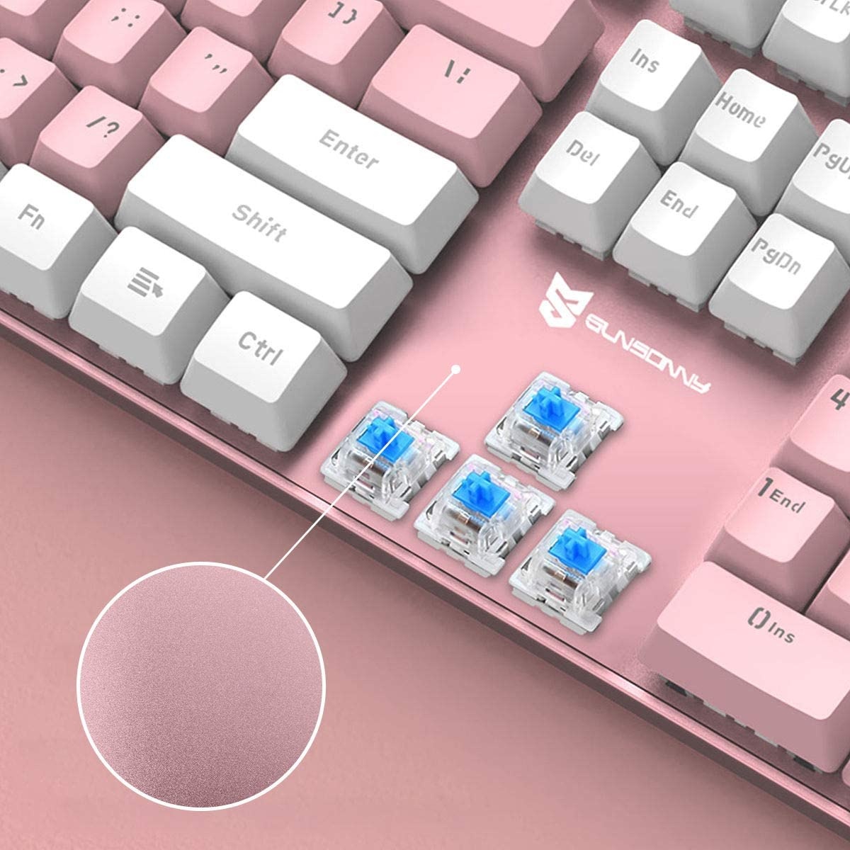Qisan Mechanical Gaming Keyboard Full Size 104 Keys US Layout Wired Blue Switch Backlit Keyboard with Pink & White Color