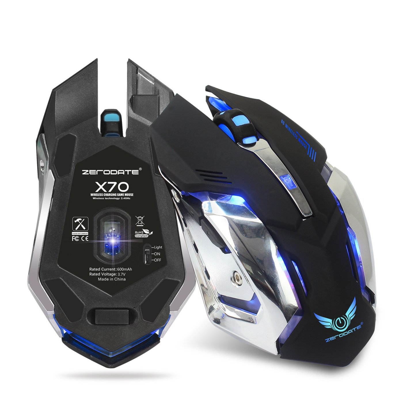 ZERODATE X70 Wireless Gaming Mouse, 2.4GHZ Rechargeable Wireless Computer Game Mice Built in with 600mAh Battery (Black)