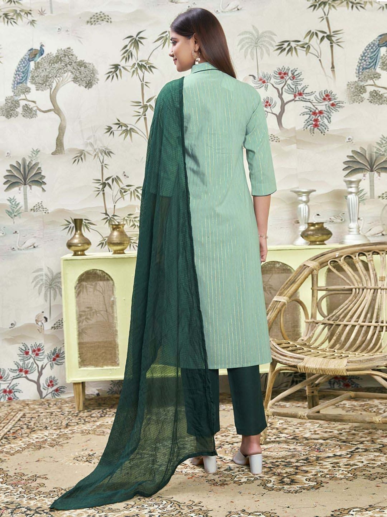 Skylee Green Cotton Striped Kurta Pant Set With Dupatta