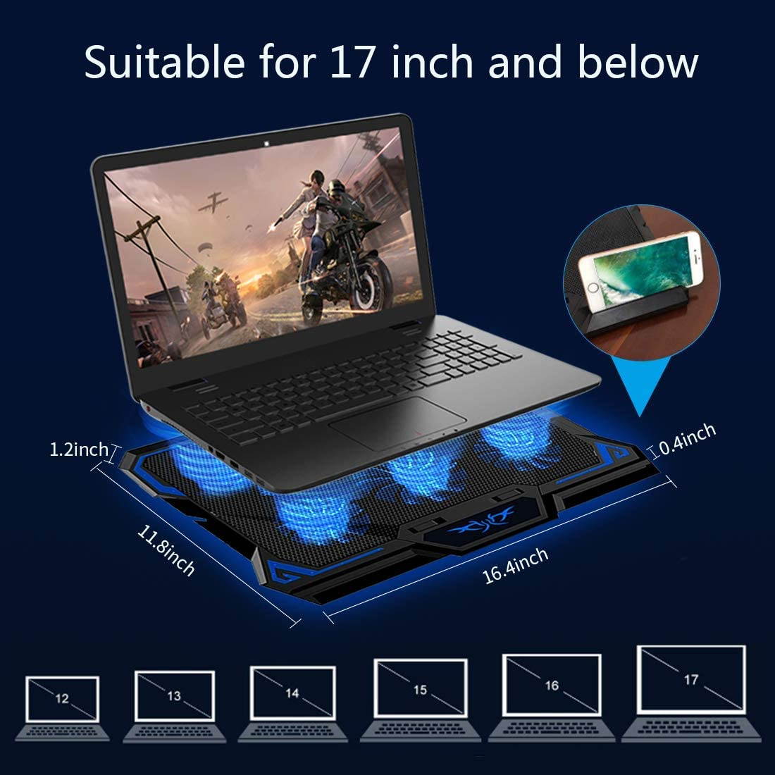 Laptop Cooling Pad, Laptop Cooler with 6 Quiet Led Fans for 15.6-17 Inch Laptop Cooling Fan Stand, Portable Ultra Slim USB Powered Gaming Laptop Cooling Pad, Switch Control Fan Speed Function