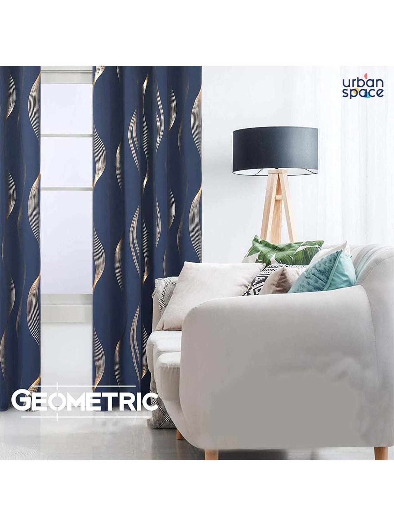 Swayam Cream & Blue Printed Faux Silk Door Curtains - Set of 2