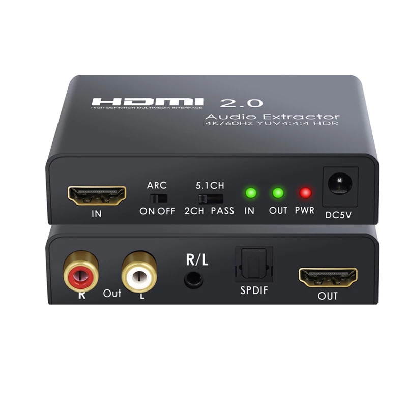 HDMI Audio Extractor HDMI 2.0 to Optical TOSLINK SPDIF RCA L/R 3.5mm Headphone HDMI 2.0 Audio Extractor Support 4K 60Hz YUV 4:4:4 and HDR Adapter